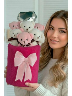 Sole Deluxe Fuşya Peluş Silindir Kutuda, Kalpli Balonlu 6’lı Pembe Ayıcık Buketi - Sevdiğine Hediye