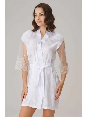 Marsilyan Çeyizlik Uzun Kol V Yaka Kadın Saten Düz Yazlık Mini Dantel Detaylı Sabahlık Anıl 5784