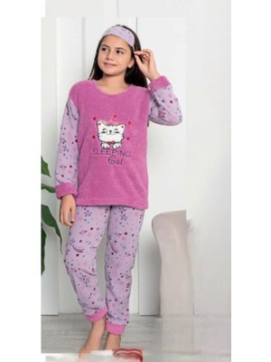 Kız Çocuk Desenli Yumuşak Kalın Kışlık Aplike Nakışlı  Polar Pijama Takımı