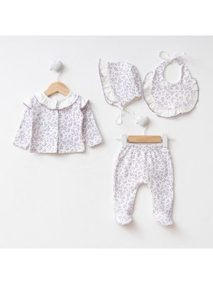 Eda Baby Leopar Desenli Kendinden Eldivenli 4 Parça Yenidoğan Hastane Çıkışı Seti
