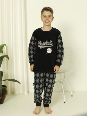 Erkek Çocuk Baklava Desenli Yumuşak Kalın Kışlık Aplike Nakışlı Polar Pijama Takımı