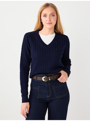 Jimmy Key Lacivert V Yaka Saç Örgü Desenli Triko Kazak