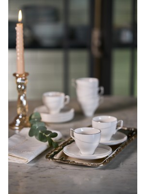 Linens Javed Porselen 6'lı 90 ml Kahve Fincan Seti Beyaz-Gümüş