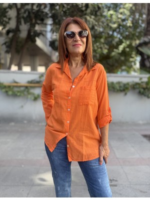 Denizege Butik Çift Cep Pamuk Gömlek Turuncu