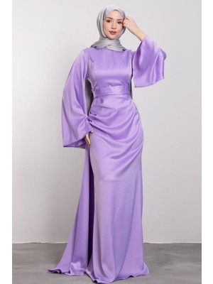 Tesettür Diyarı Kadın Arabella Pelerinli Saten Balık Abiye-Lila