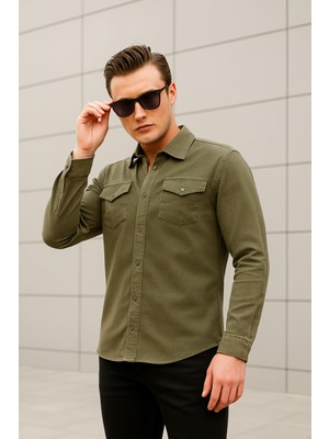 Pobudo Çıt Çıt Düğmeli Haki Renk Erkek Kot Gömlek