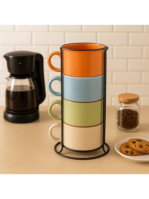 Dekorasyaa Metal Standlı Porselen Renkli Kupa Seti 4 Kişilik - 180ML - Kahve - Cappuccino