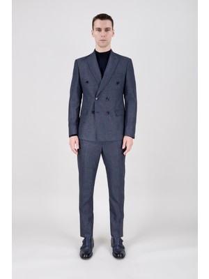 Paco Romano Erkek Slim Fit Sivri Yaka Açık Lacivert Kruvaze Model Takım Elbise