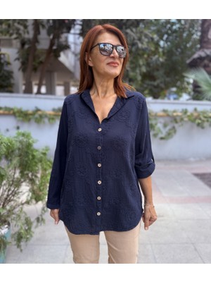 Denizege Butik Brode Desen Gömlek Lacivert