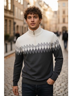 Mandala Tekstil Çok Renkli Fermuarlı Erkek Triko Kazak