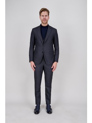Paco Romano Erkek Slim Fit Sivri Yaka Füme Yelekli Takım Elbise