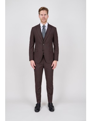 Paco Romano Erkek Slim Fit Sivri Yaka Kahverengi Yelekli Takım Elbise