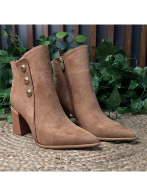 Mey Ayakkabı Lüks Gold Düğme Detaylı Taba Kadın Süet Yüksek Topuklu Bot M4584