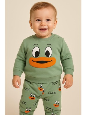Dinamik çocuk Kız/erkek Bebek Unısex Duck Ördek Desenli 2li Takım Sweatshirt ve Alt 6-9-12-18AY