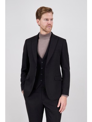 Paco Romano Erkek Slim Fit Sivri Yaka Siyah Yelekli Takım Elbise