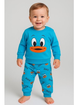 Dinamik çocuk Kız/erkek Bebek Unısex Duck Ördek Desenli 2li Takım Sweatshirt ve Alt 6-9-12-18AY