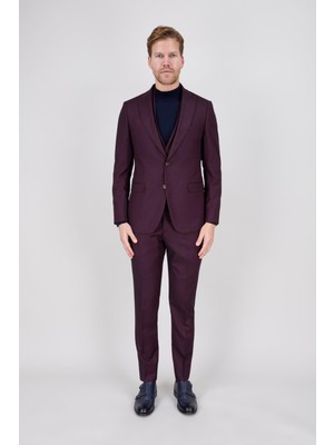 Paco Romano Erkek Slim Fit Sivri Yaka Bordo Yelekli Takım Elbise