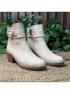 Mey Ayakkabı Krem Taş Detaylı Bej Kadın Topuklu Bot M4586