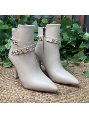 Mey Ayakkabı Gold Taş Detaylı Ince Topuk Bej Kadın Bilek Bot M4596