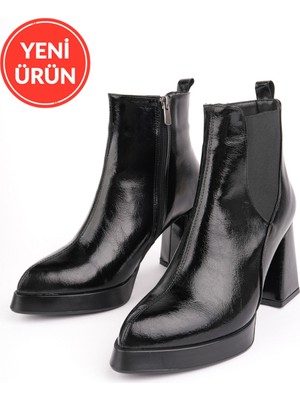 MARSHETTA Forte Model Siyah Sivri Burun Platform Topuklu Yandan Fermuarlı Kadın Bot