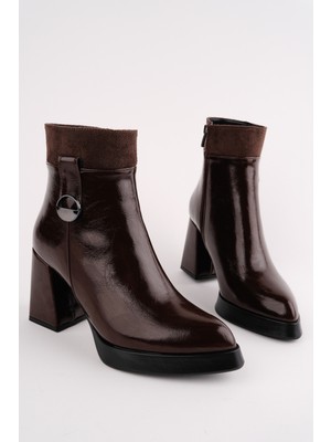 MARSHETTA Mira Model Kahverengi Sivri Burun Platform Topuklu Yandan Fermuarlı Kadın Bot