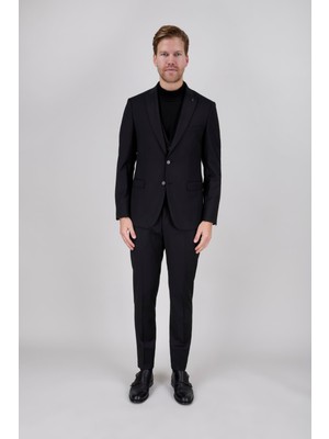 Paco Romano Erkek Slim Fit Sivri Yaka Siyah Yelekli Takım Elbise