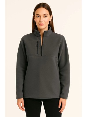 Polar Kazak – Dik Yaka, Yarım Fermuarlı, Fermuarlı Göğüs Cepli, Siyah Biyeli, Kışlık Rahat Regular Fit Günlük Model - Füme