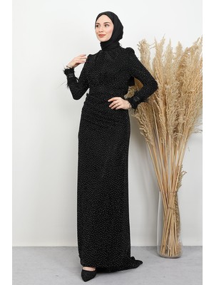 Tüylü Drapeli Elbise Siyah