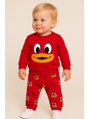 Dinamik çocuk Kız/erkek Bebek Unısex Duck Ördek Desenli 2li Takım Sweatshirt ve Alt 6-9-12-18AY