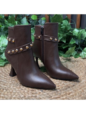 Mey Ayakkabı Gold Taş Detaylı Ince Topuk Kahverengi Kadın Bilek Bot M4597