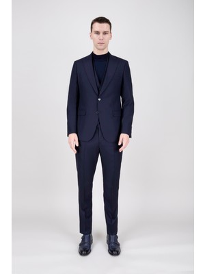 Paco Romano Erkek Slim Fit Sivri Yaka Koyu Lacivert Yelekli Takım Elbise