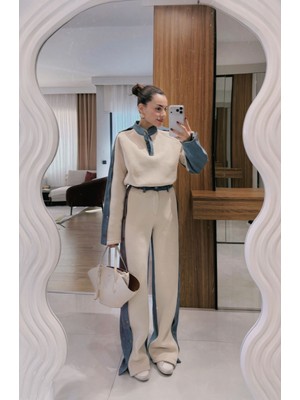 BRTC Design Kadın Krem Denim Detaylı Şardonlu Çıtçıtlı Ikili Takım