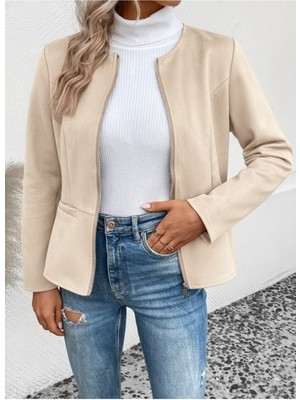 Kadın Uzun Kollu Yuvarlak Yaka Önden Fermuarlı Süet Ceket