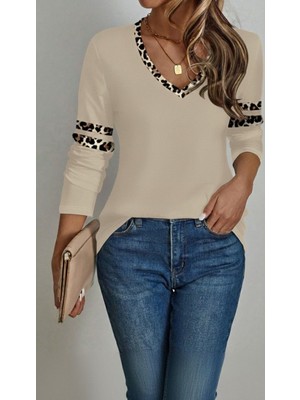 Kadın Uzun Kollu V Yakalı Leopar Desenli Viskon Iki Iplik Bluz
