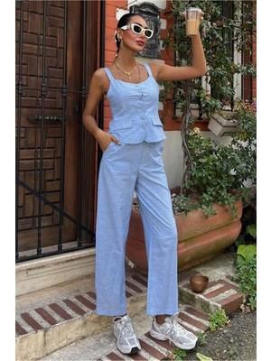 Kalın Askılı Bluz Pantolon Keten Takım 10187
