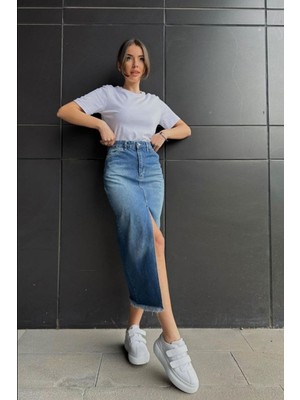 Mavi Yırtmaçlı Kot Etek