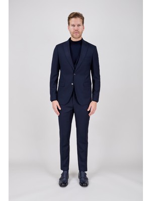 Paco Romano Erkek Slim Fit Sivri Yaka Açık Lacivert Yelekli Takım Elbise