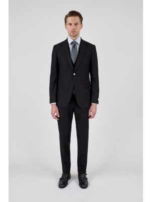 Paco Romano Erkek Slim Fit Sivri Yaka Siyah Yelekli Takım Elbise