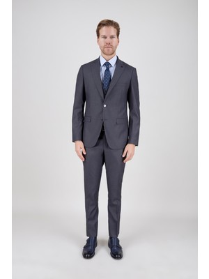 Paco Romano Erkek Slim Fit Sivri Yaka Gri Yelekli Takım Elbise