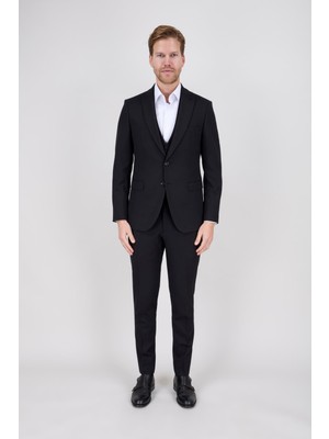 Paco Romano Erkek Slim Fit Sivri Yaka Siyah Yelekli Takım Elbise
