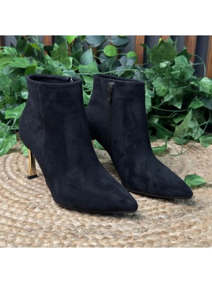 Mey Ayakkabı Gold Ince Topuklu Düz Desen Süet Siyah Kadın Bot M4588