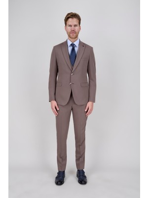 Paco Romano Erkek Slim Fit Mono Yaka Vizon Yelekli Takım Elbise