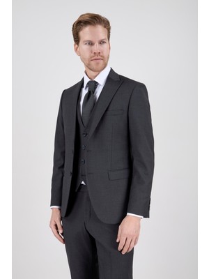 Paco Romano Erkek Slim Fit Sivri Yaka Füme Yelekli Takım Elbise