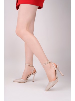 MARSHETTA Fiera Model Bej Rugan Sivri Burun Bilekten Bağlamalı Kadın Ince Topuklu Ayakkabı Stiletto