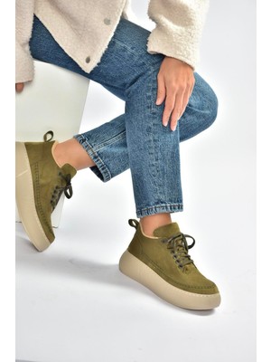 Fox Shoes T811845302 Haki Süet Kalın Tabanlı Kadın Ayakkabı