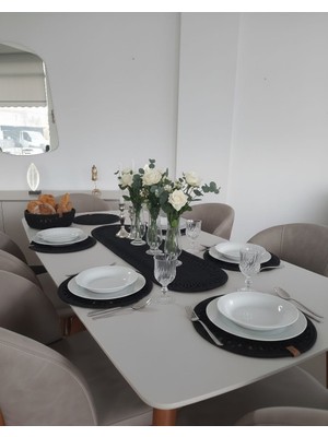 Mtg Jüt Tasarım Mtgjüt Tasarım Siyah Renk Desenli Amerikan Servis Takımı / 6 Adet Supla / 1 Adet Runner / 1 Adet Ekmek Sepeti