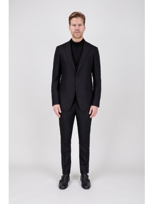 Paco Romano Erkek Slim Fit Sivri Yaka Siyah 8 Drop Yelekli Takım Elbise