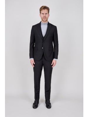 Paco Romano Erkek Slim Fit Sivri Yaka Füme Yelekli Takım Elbise