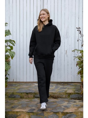 Braazi Kapüşonlu Içi Polarlı Unisex Oversize Eşofman Takımı - G09001 - Siyah