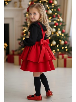 Parla Kids Kız Çocuk Helen Kırmızı Askılı Bağlama Jile 29 Ekim Elbise Siyah Dantel Uzun Kollu Bluz Abiye Takım